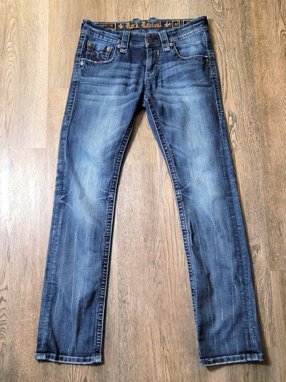 Rock Revival Koen Slim Straight Jeans Men's Size 30 ( 32 x 32.5 ) Embroidered